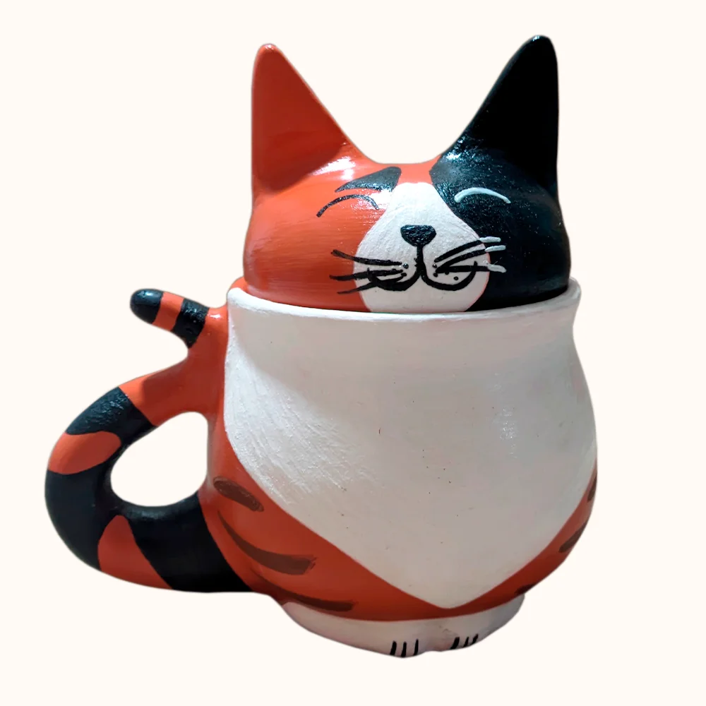 Taza de gato calicó en forma de gato panzon con tapa y orejutas de gato